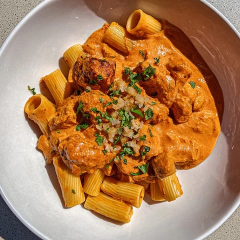 Creamy Chicken Tikka Masala Pasta, a rich and vibrant Indian-Italian fusion, ready to serve with fresh cilantro.