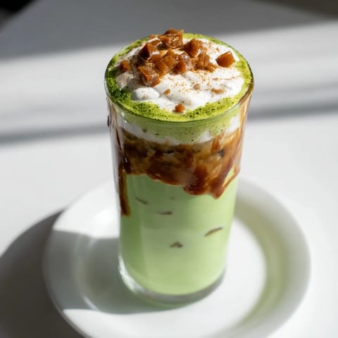 This festive Caramel Brulée Iced Matcha Christmas Coffee Dupe looks richly layered: matcha, coffee, topped with whipped cream.