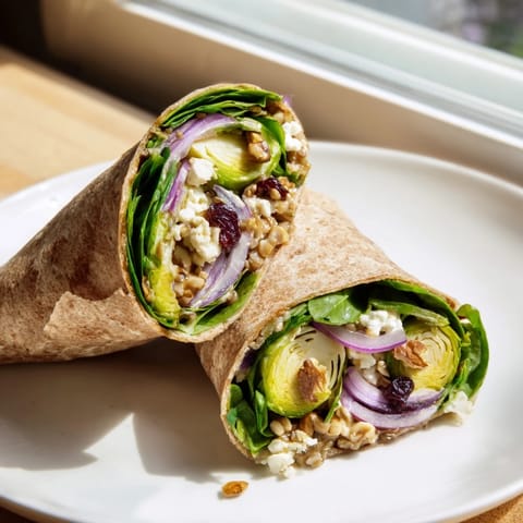 Golden-roasted Brussels sprouts and cranberry wrap filled with quinoa, ready to eat, delicious and healthy.