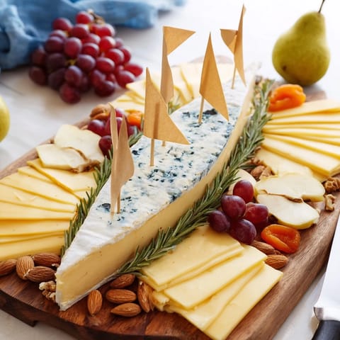 A beautifully arranged Sailboat Cheese Platter featuring colorful fruits, cheeses, and artisanal crackers.