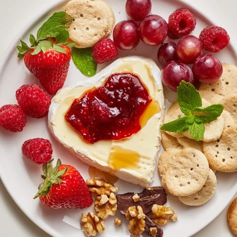 This enticing Sweetheart Brie and Jam Board features creamy Brie, glistening fruit, and crunchy crackers.