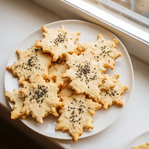 Golden, snowflake-shaped gourmet crackers arranged beautifully on a holiday cheese board, ready to serve.