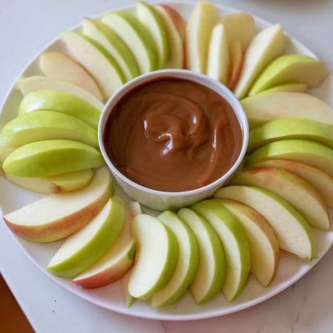 The inviting photo shows crisp Apple Slices with Caramel Dip, a perfect sweet treat.