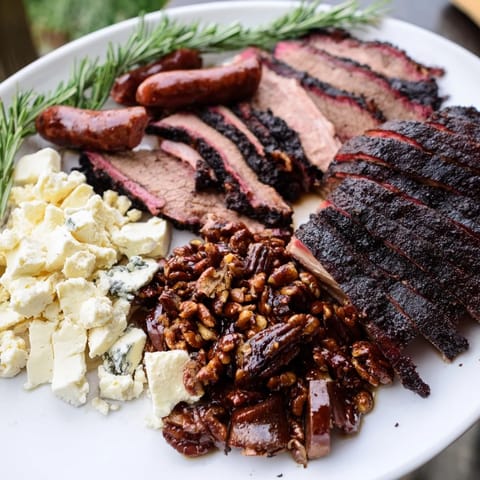 Delectable Smoky BBQ & Bourbon Companion with bourbon-glazed meats, perfect for appetizer sharing and tasting.