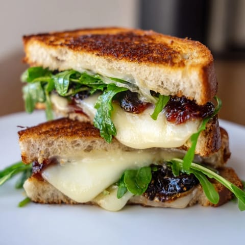A close-up shot of a Fig, Brie & Arugula Grilled Cheese, perfectly toasted and ready to eat.