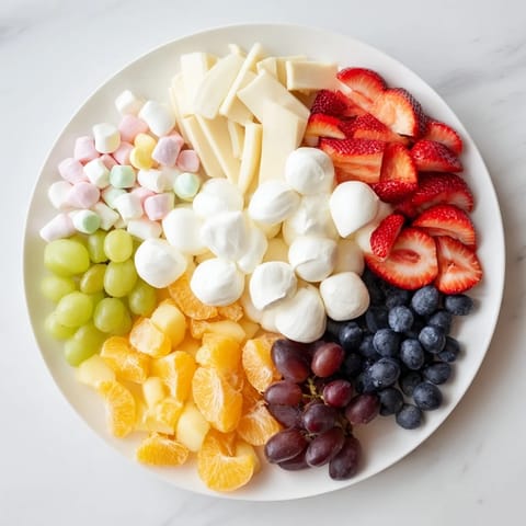 A vibrant Cloud & Rainbow Grazing Board, featuring a rainbow of fresh fruit and creamy cheeses, perfect for parties.