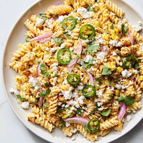 This irresistible Creamy Street Corn Pasta Salad features tender pasta, cotija cheese, and fresh cilantro, waiting to be enjoyed.