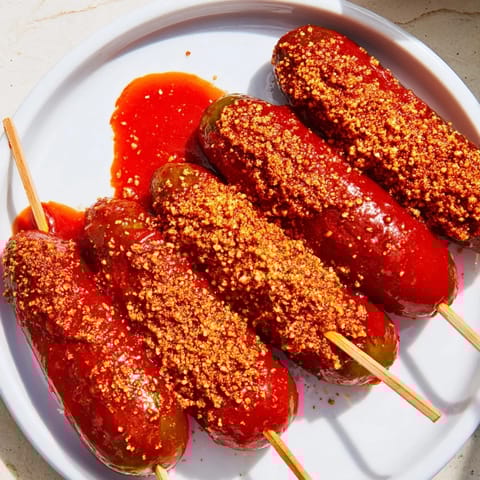 Crisp dill pickles transformed into craveable Chamoy-Tajín pickle sticks, a sweet and spicy Mexican snack.