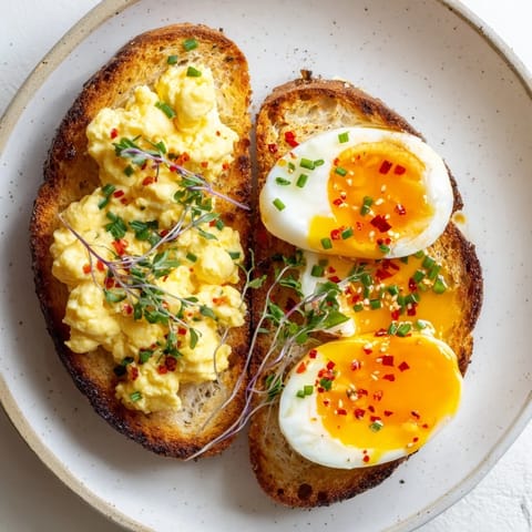 Scrumptious close-up of Egg Flight Toast, showcasing three egg preparations served on toasted bread.