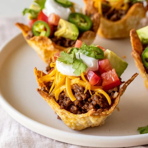 A close-up view of crispy mini taco cups, bursting with seasoned beef and colorful toppings.