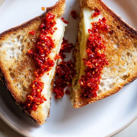 Melted brie oozing from a Brie and Chili Crisp Grilled Cheese, toasted to a perfect golden brown.
