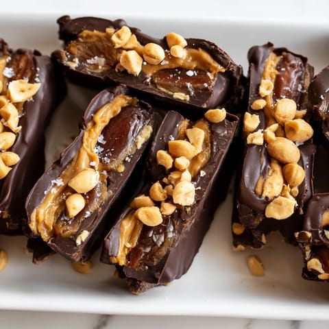 A close-up of Date Bark Snickers-Style shows the layers: dates, peanut butter, and chocolate shavings.