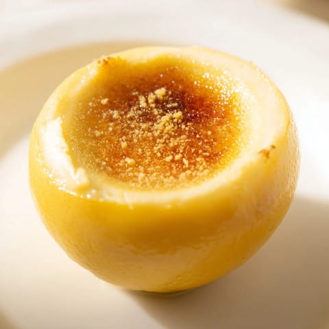 Golden, crisp sugar crust on a vibrant Lemon Brûlée Posset, ideal for a refreshing dessert.