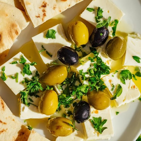 A delicious Turkish olives & cheese board with creamy cheese, green olives, honey, and toasted pita for dipping.