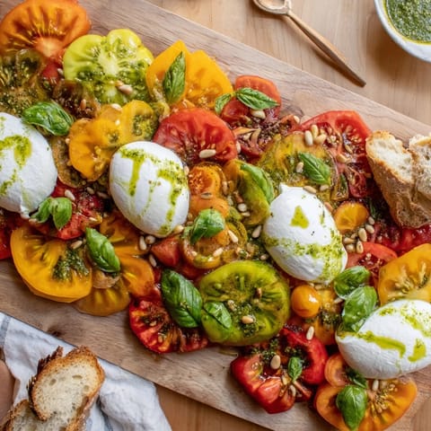 Colorful heirloom tomatoes and burrata arranged on a rustic board, drizzled with bright basil oil, ready to serve as a shared salad.