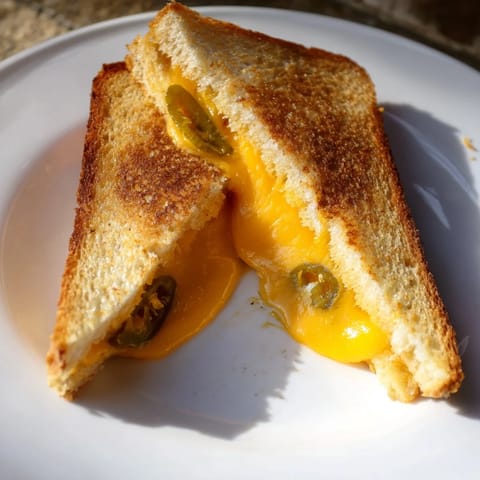A close-up view of a buttery, golden-brown Cheddar Jalapeño Grilled Cheese, cut diagonally to reveal gooey melted cheese.  