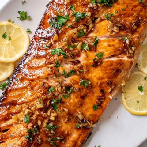 A close-up of tender, flaky honey garlic glazed salmon brushed with buttery sauce, garnished with fresh parsley and a lemon slice.