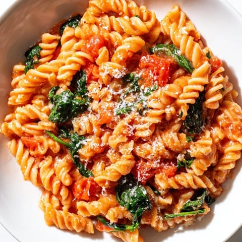 Close-up of Tomato Spinach One-Pot Rotini, featuring al dente pasta with vibrant red tomatoes and green spinach, garnished with parmesan.