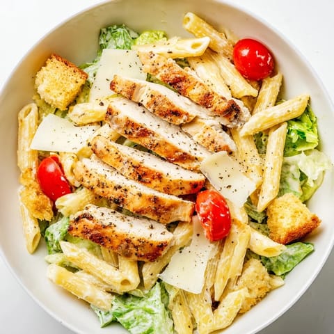 Tender grilled chicken rests on Caesar Pasta Chicken Bowl pasta with romaine, croutons, and Parmesan.