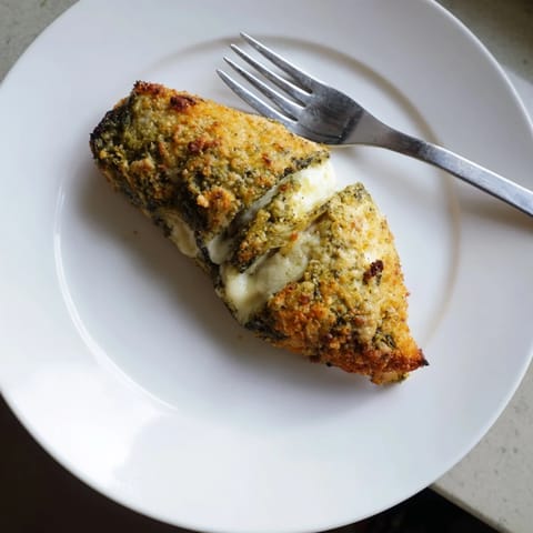 Freshly baked Mozzarella & Pesto Stuffed Chicken with basil pesto filling and melted mozzarella on a rustic wooden board.  