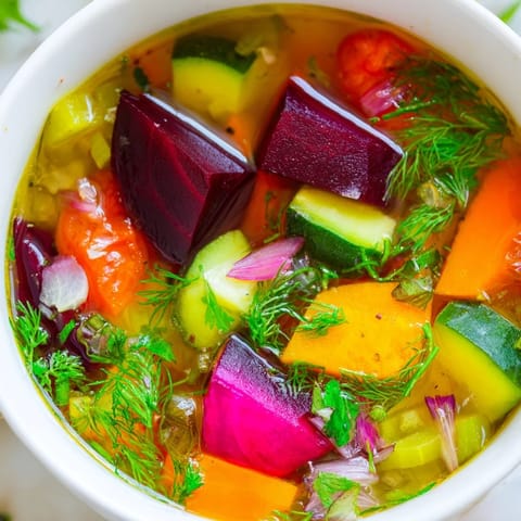 Rainbow Vegetable Detox Soup simmering in a pot, showcasing colorful carrots, zucchini, and beets with fresh herbs.  