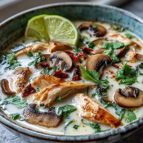 Spoon lifting tender chicken and mushrooms from the creamy, aromatic Tom Kha Soup with Thai herbs visible.