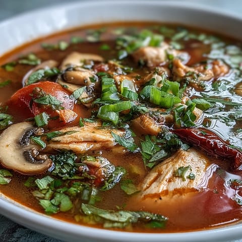 Tom Yum Chicken served in a rustic ceramic bowl garnished with fresh cilantro and sliced spring onions on top.