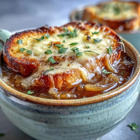 Gooey melted Gruyère cheese drips down the side of this classic French Onion Soup, served with a spoon ready to dig in.