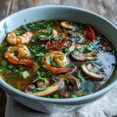 Fragrant Tom Yum Soup garnished with cilantro and green onions served alongside fresh lime wedges on the side.