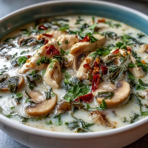 Close-up of Authentic Tom Kha Gai featuring tender chicken thighs, mushrooms, and aromatic herbs in creamy coconut broth.