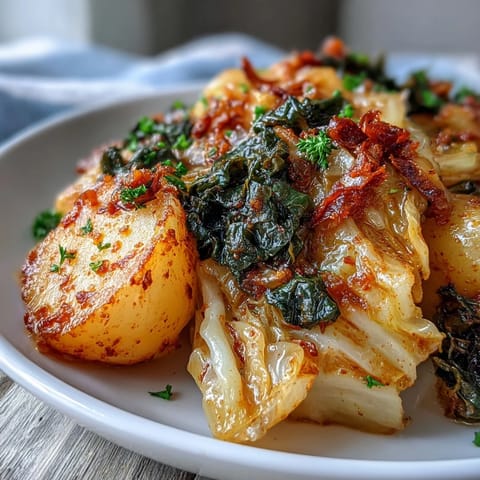 Hearty vegetarian dinner of braised cabbage with potatoes and chili with golden potatoes and a gentle chili warmth.