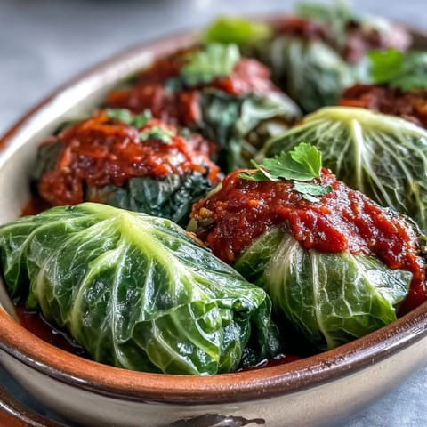 A close-up of saucy Baked Vegan Cabbage Rolls, featuring hearty lentils and brown rice nestled in rich tomato sauce.