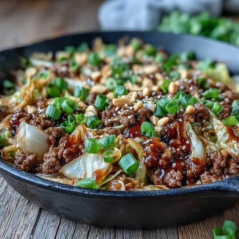 Fragrant ginger and garlic flavor this quick Chinese Ground Beef and Cabbage Stir-Fry for a low-carb weeknight meal.  