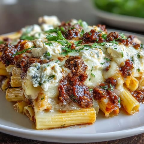 Hearty Cottage Cheese Protein Pasta Bake with Ground Beef features al dente pasta, rich red sauce, and creamy cottage cheese.