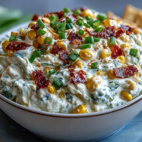 Creamy Crack Corn Dip in a white bowl, bubbling with melted cheddar and speckled with green onions. Nearby tortilla chips are ready for dipping.