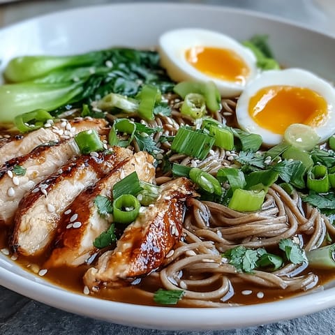 Healthy Miso Chicken Noodle Bowls served steaming hot with crisp bok choy, carrots, and fresh herbs.