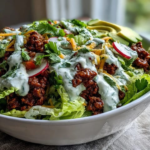 Freshly prepared Healthy Taco Bowl featuring seasoned beef, diced avocado, and a drizzle of zesty lime yogurt crema on top.