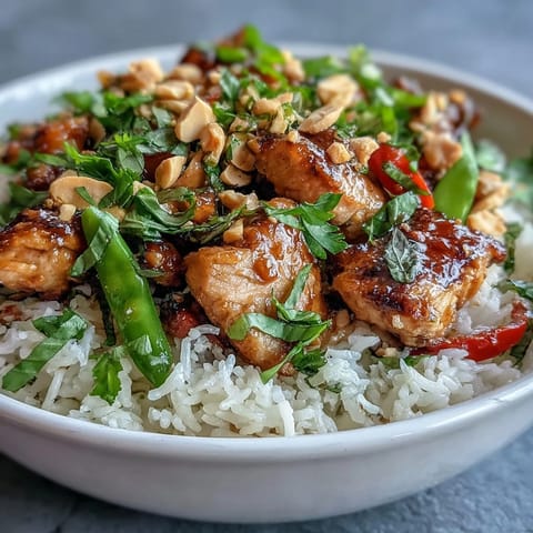 Freshly cooked Thai Chicken Coconut Bowl with fluffy coconut rice, juicy chicken, and crisp vegetables garnished with peanuts.