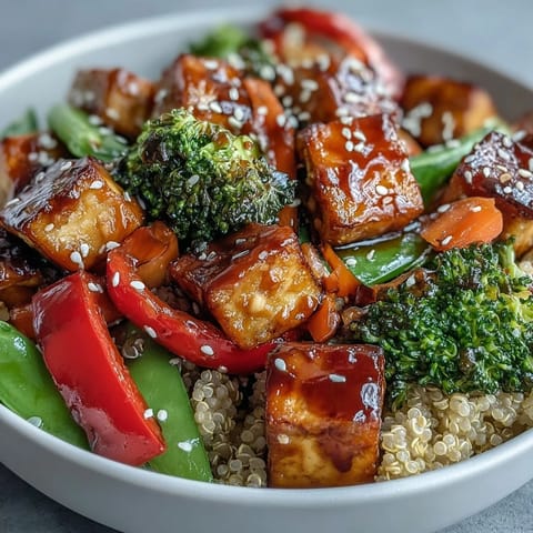 A vibrant Quinoa Vegetable Teriyaki Bowl garnished with sesame seeds and fresh green onions.