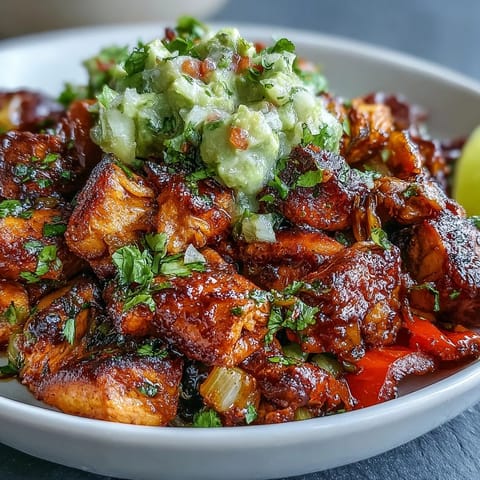 A generous scoop of chunky avocado salsa crowns this vibrant Sheet Pan Chicken Tinga Bowl, with lime wedges nearby.