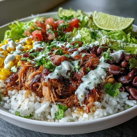 Colorful Carnitas Burrito Bowl with black beans, sweet corn, crisp lettuce, zesty salsa, and drizzled lime crema. 