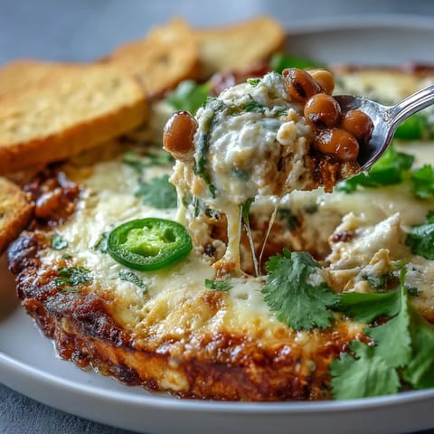 A close-up of Hot Black-Eyed Pea Dip with Jalapeño and Cumin, showing a golden, bubbling top fresh from the oven.