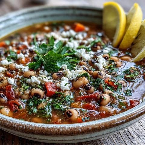 A steaming bowl of Greek-Style Slow Cooker Black-Eyed Peas garnished with fresh parsley and a lemon wedge.