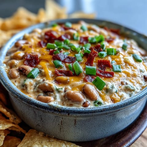 Creamy, hot Black-Eyed Pea Dip baked golden and served with crunchy tortilla chips at a party.