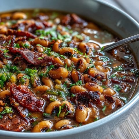 A steaming bowl of Big Pot of Texas Black-Eyed Peas, featuring smoky bacon and diced jalapeños nestled in a thick, rich tomato broth. 