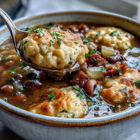 A spoon lifts from the pot revealing tender dumplings atop a rich Black-Eyed Peas and Sausage stew.  