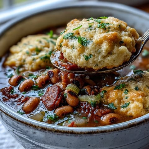Steam rises from a rustic bowl of Black-Eyed Peas and Sausage, featuring golden cornmeal dumplings.  