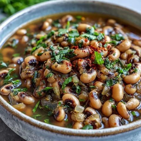 A close-up of tender, simmering Frozen Black-Eyed Peas with smoked paprika and fresh parsley garnish, served in a rustic bowl.  
