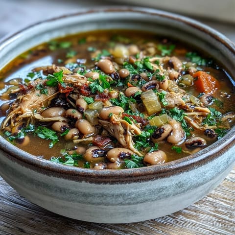 Steaming bowl of Black-Eyed Peas With Smoked Turkey, garnished with fresh parsley, ready to be served with cornbread.