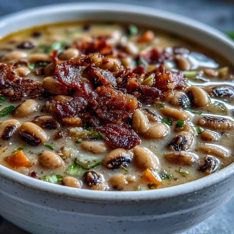 Rich, smoky black-eyed peas and bacon soup simmered with vegetables in a savory broth, perfect for a cozy meal.